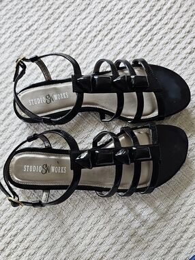 Studio Works Black Patent Strappy Sandals with Buckle